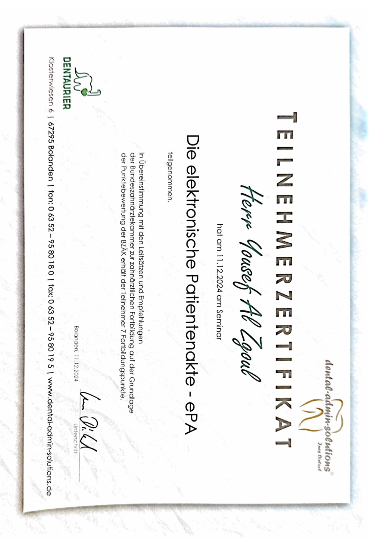 Endodontie-Kurszertifikat (Beispielbild)