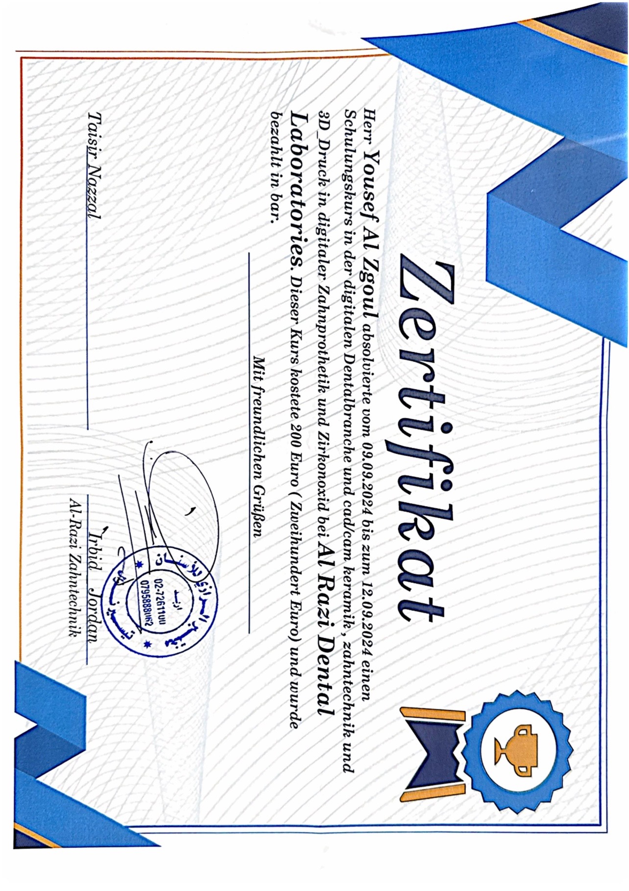 Endodontie-Kurszertifikat (Beispielbild)