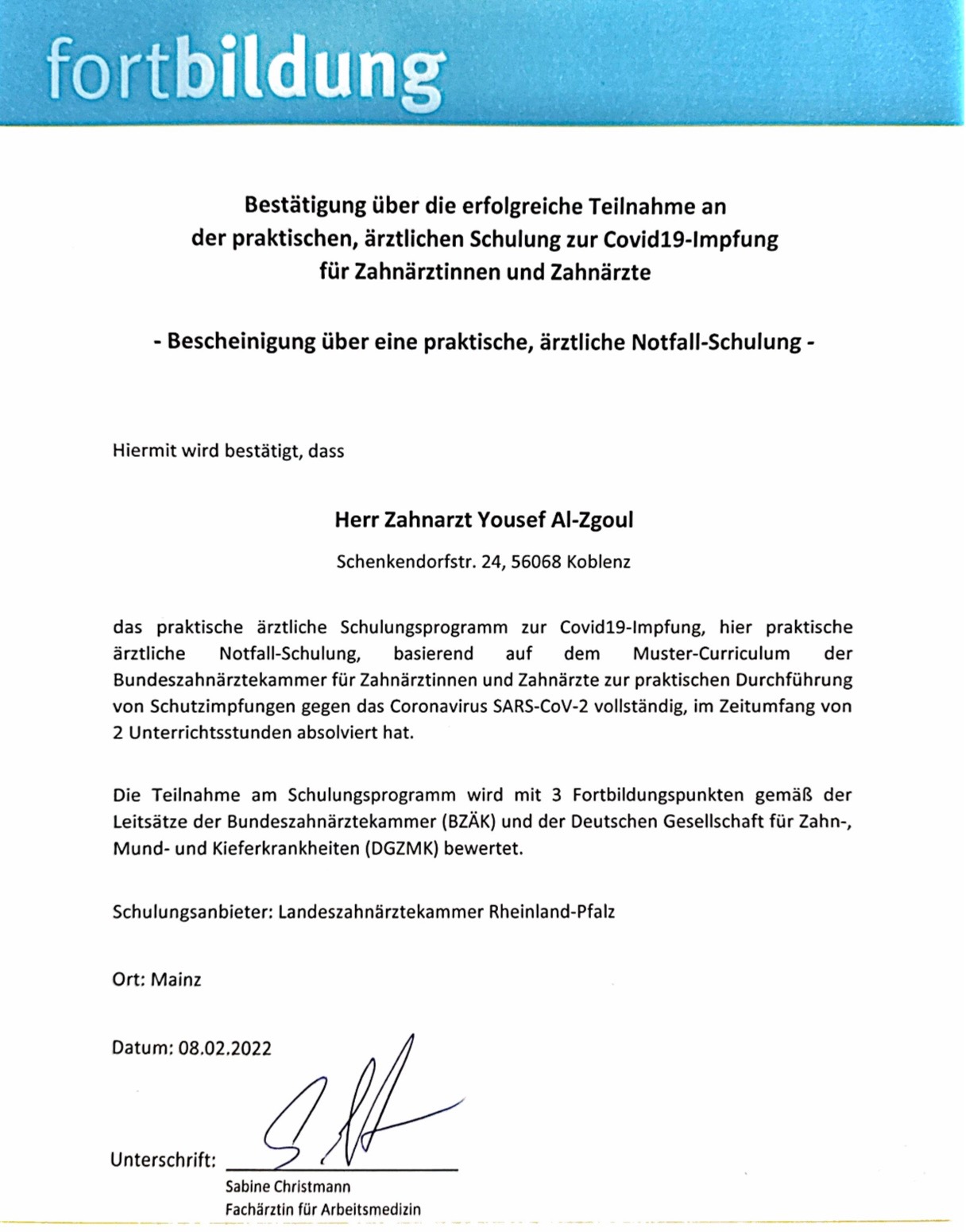 Endodontie-Kurszertifikat (Beispielbild)